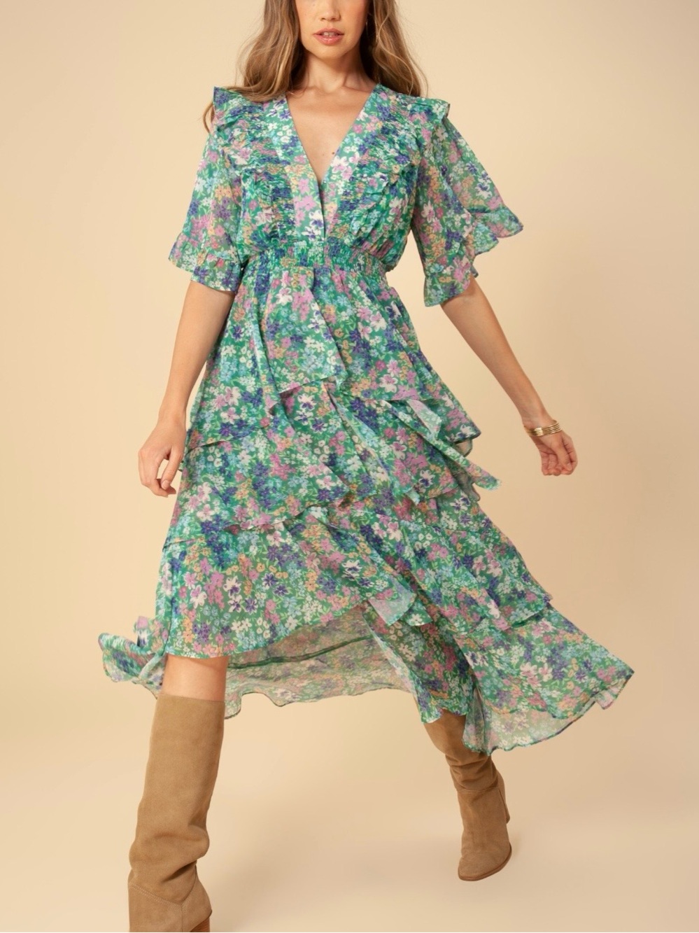Hale Bob Natasha Green Floral Tiered Maxi Dress